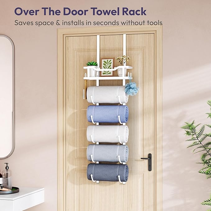 SWTYMIKI Over the Door Towel Rack - 6 Tier Towel Racks for Bathroom Wall Mounted, Towel Holder with Shelf, Hanging Rolled Towel Storage Organizer for Small Bathroom, Camper, RV, White