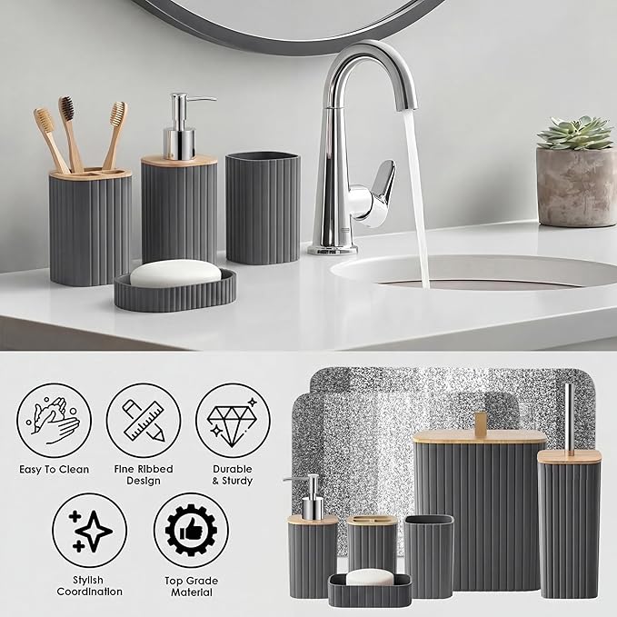 Bathroom Accessories Set - Bathroom Set with Shower Curtain and No Slip Rugs, Trash Can, Toilet Brush Holder Set, Soap Dispenser & Bath Towels - Stylish Bath Decor for Home, Apartment, Grey, 25PCS