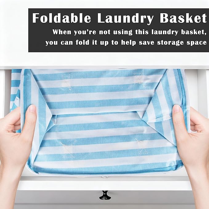 Large Laundry Basket ，75L Waterproof,Collapsible Laundry Hamper with Extended Handles for Clothes in the Family Dorm (Vertical Stripe Black，Blue，Grey，Pink)