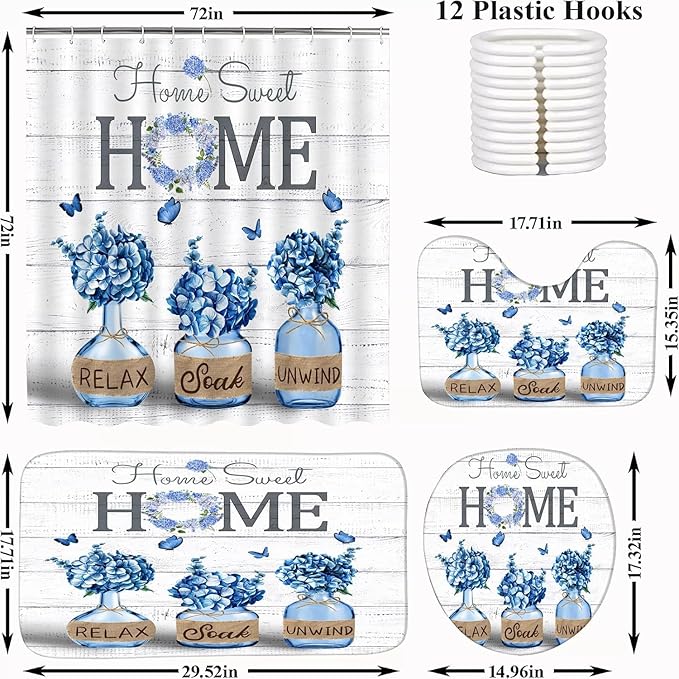 NBVKO 4 PCS Blue Hydrangea Shower Curtain Set,Home Sweet Bathroom Set with Rugs and Accessories,Farmhouse Country Bathroom Decor