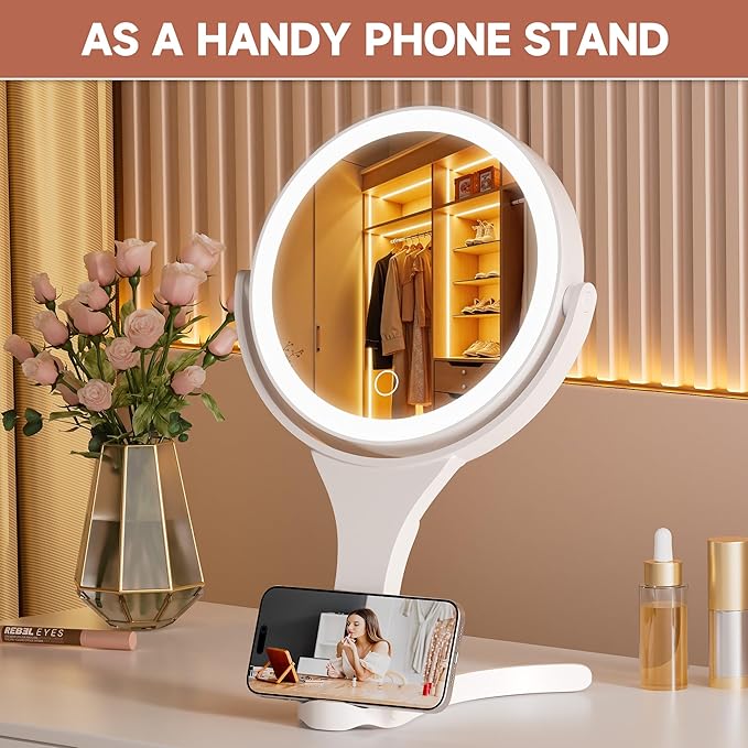 Hasipu Portable Travel Makeup Mirror with Lights – 360° Rotating with 1X/10X Magnifying, Rechargeable Tabletop Handhold Hanging 3 in 1 Mirror (White)