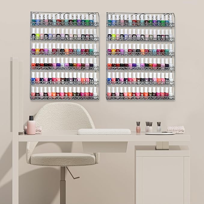 AMT Metal Nail Polish Racks for The Wall | Clear Nail Polish Display | Essential Oils Organizer | Holds up to 108 Bottles (Silver - 2 Pack)