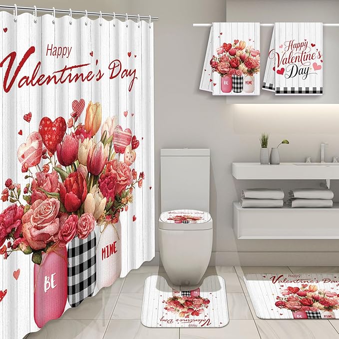 Nuanchu 6 Pcs Valentines Day Shower Curtain Set with Rug Bathroom Sets with Shower Curtain Bath Mat U Shaped Mat Toilet Lid Cover 2 Bath Towels and 12 Hooks Valentines Day Rose Heart Bathroom Decor