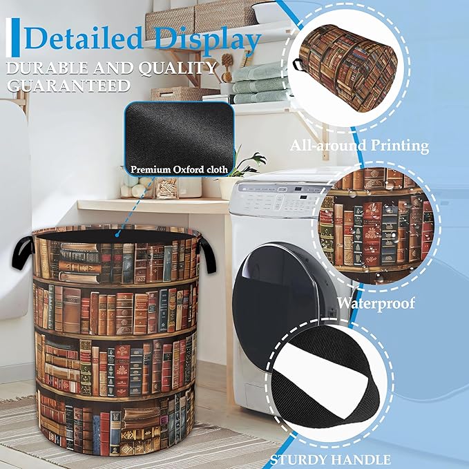 Retro Wooden Book shelf Laundry Basket Collapsible Laundry Hamper, Oxford Cloth Storage Bin for Room/Bathroom/Bedroom/Dormitories 16" X 20.8"