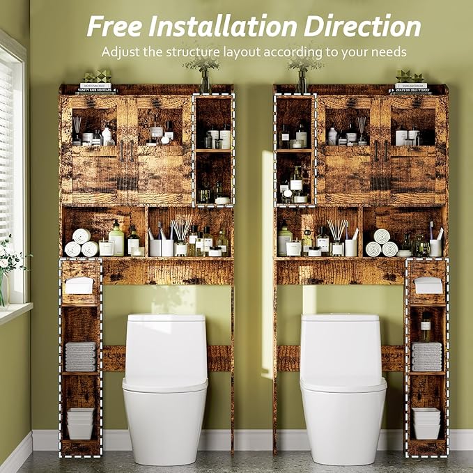 GAOMON Over Toilet Storage Cabinet Bathroom, 67" Adjustable Shelves with Glass & Sliding Barn Doors, Above Toilet Organizer with Anti-Tip Kit, Space-Saving for Laundry Room, Black