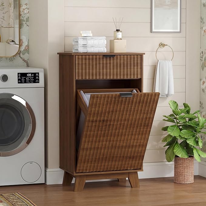 Wodeer Tilt Out Laundry Hamper Cabinet with Storage and Drawer, 10 Gallon Fluted Hidden Trash Can Cabinet, Farmhouse Wood Laundry Basket for Bathroom, Kitchen, Walnut, 20.47" W x 12.99" D x 35.82" H