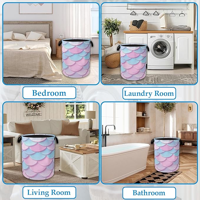 Mermaid Scale Laundry Basket Collapsible Laundry Hamper Oxford Storage Bin for Clothes Storage, Toy Organizer, Books and Sundries 16" X 20.8"