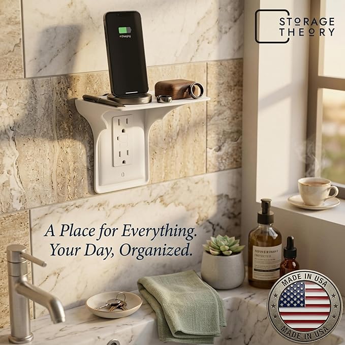 BeraTek Power Perch Wall Outlet Shelf with Cord Storage Strap - Declutter & Reclaim Counter Space - Alexa Holder, Charging Stand, Apple Homepod Mini Wall Mount - White, 2-Pack