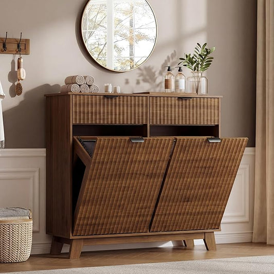 Double Tilt Out Laundry Hamper Cabinet, 20 Gallon Wooden Trash Can Cabinet with Storage Drawers, Hidden Fluted Garbage Can Holder for Kitchen, Living Room (Walnut Wood, 39.34"W x 35.83"H x 13"D)