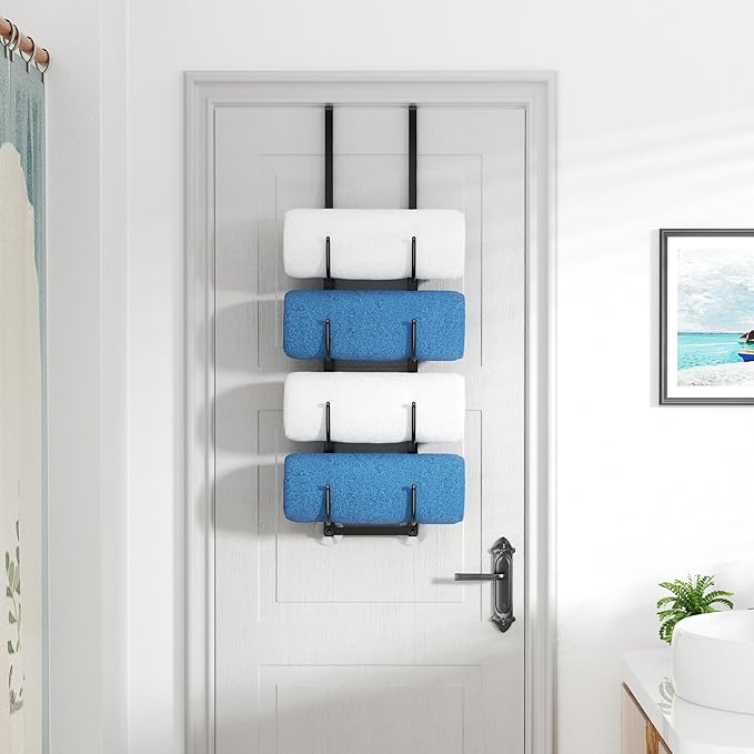 Over The Door Rolled Towel Rack for Bathroom: 4-Tier Hanging Towel Storage Holder, with Nosie-Free & Anti-Scratch Sponge-pad and Suction Cup, Hanging Organizer for Towels, Blankets, Large Bath