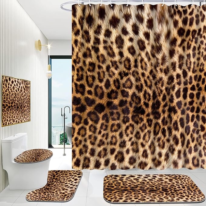 Onalasyc 5Pcs Brown Leopard Shower Curtain Set, Wall Painting Bathroom Sets with Shower Curtain and Rugs, Cheetah Print Bathroom Wall Art Decor Painting Shower Curtains Sets with Rugs