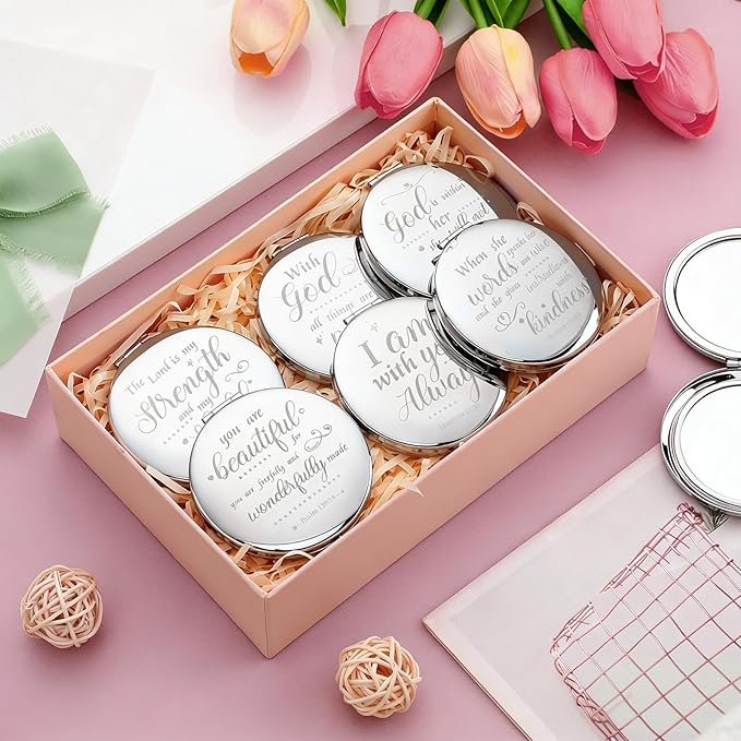 Thyle 12 Pcs Christian Compact Mirror Gifts for Women Mother's Day Nurse Week Bible Verse Wallet Mirror Bulk Hand Makeup Compact Religious Baptism for Holy Communion Teacher(Style 2,Dark Color)