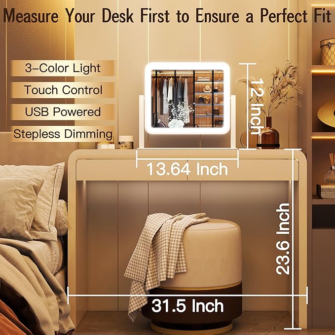 12" x14" Vanity Mirror with Lights,LED Makeup Mirror with Lights, Light up Makeup Mirror with 3 Color Modes, Dimmable＆ Memory Function, Lighted Mirror Makeup for Desk, Travel,White