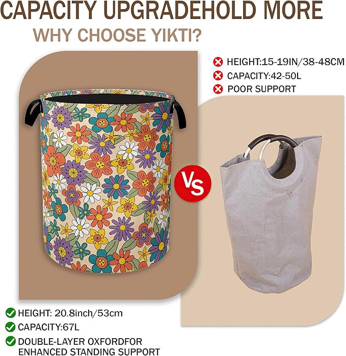 70s Groovy Flower Laundry Hamper,Hippie Flowers Collapsible Laundry Baskets,Waterproof Oxford Cloth Laundry Room Organization for Bedroom,Bathroom,Nursery,16x20 Inch