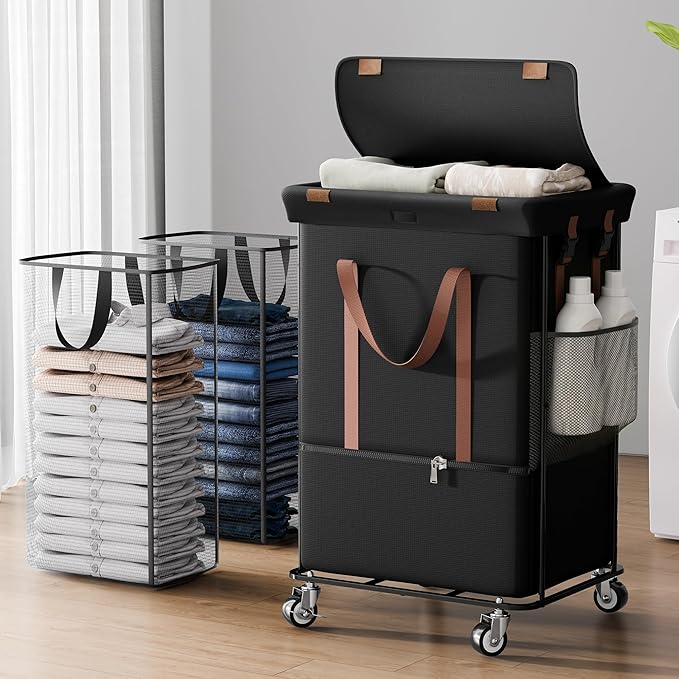 150L Rolling Laundry Basket with Wheels and 2 Removable Bags, Double Laundry Hamper with Lid, 2 Section Large Capacity for Laundry Bedroom Bathroom Dorm, Easy Move & Organize 19.7"x15.7"x31.9", Black