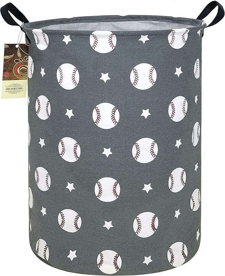 HUNRUNG Laundry Hamper,Large Canvas Fabric Lightweight Storage Basket Toy Organizer Dirty Clothes Collapsible Waterproof for College Dorms, Children Bedroom,Bathroom???Round-Grey Baseball???