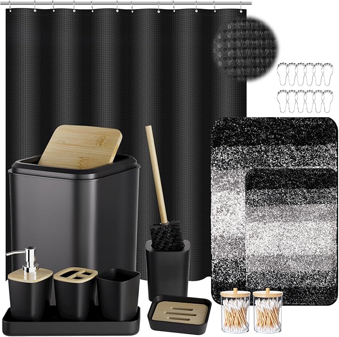 XLHOMO 24PCS Bathroom Sets with Shower Curtain and Rugs,Black Bathroom Accessories Set Waterproof Black and White Shower Curtain Set, Toilet Brush, Trash Can & Bathroom Rug