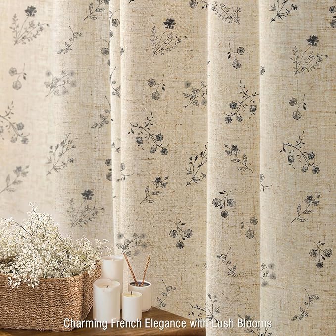 Black Floral Vintage Linen Shower Curtain, French Country Shower Curtains for Bathroom, 72Wx78H