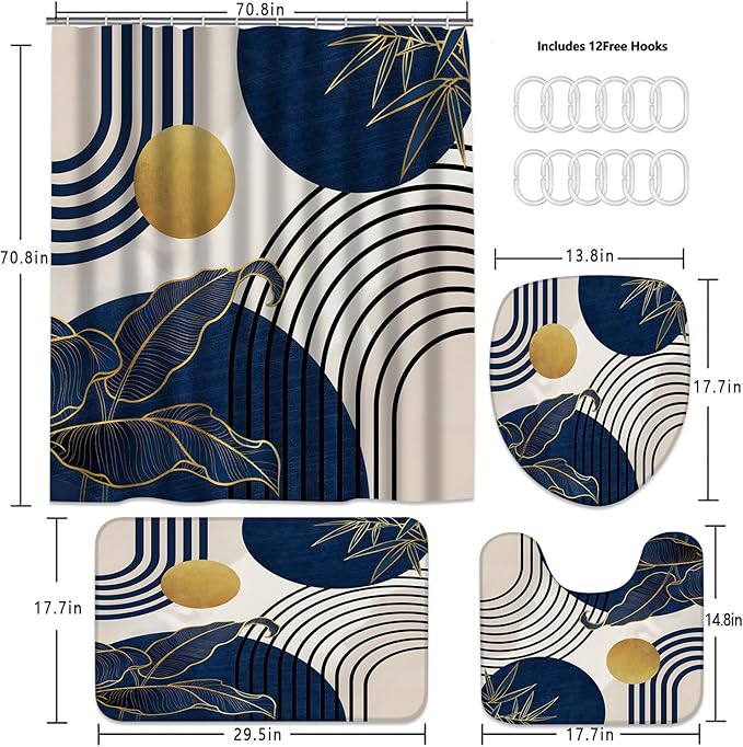 FZDHHY 4Pcs Blue Shower Curtain Set, Boho Bathroom Sets, Bamboo Leaf Bathroom Shower Bathroom Sets with Shower Curtain and Rugs, Shower Curtain with 12 Hooks