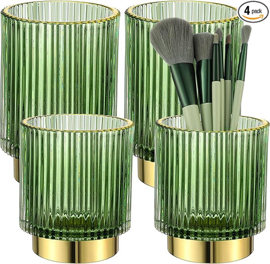Wesiti 4 Pcs Makeup Brush Holders Organize Glass Makeup Holder Vintage Cosmetic Makeup Storage Holder, Retro Striped Make up Brush Cup for Lipstick (Dark Green)