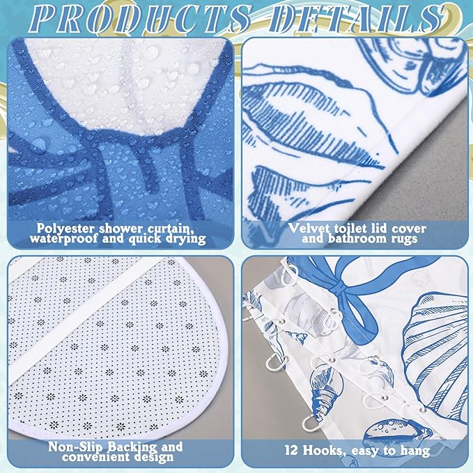 Tatuo 8 Pcs Beach Shower Curtain Set Blue Bow Ocean Bathroom Accessories Sets Coquette Starfish Coastal Waterproof Shower Curtain with Towels Carpet Bath Mat Toilet Rug 12 Hooks for Summer Beach Party