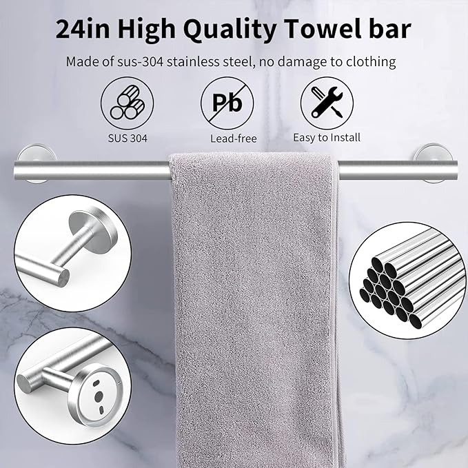 Newfun 10Pcs Brushed Nickel Bathroom Hardware Set - Includes 24&18inch Towel Bar, Robe Hook, Toilet Paper Holder, 2 Pack 5 Piece Bathroom Accessories Set Stainless Steel Wall Mounted