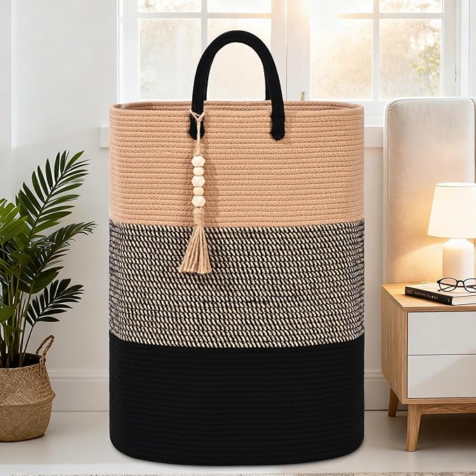 Woven Laundry Basket for Clothes, 65L Large Rectangle Laundry Hampers with Beads Tassel, Nursery Storage Basket for Toys, Tall Dirty Clothes Hamper for Bedroom Aesthetic, Laundry Room Organization