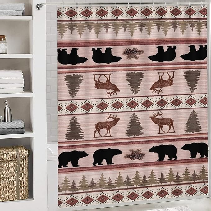 Black Bear Deer Tribal 4 Piece Shower Curtain Sets, Non-Slip Rugs, Toilet Lid Cover and Bath Mat, Durable and Waterproof, for Bathroom Decor Set One Size