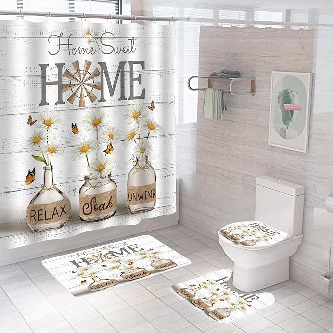 ALEXEX 4 PCS White Daisy Shower Curtain Sets,Home Sweet Bathroom Set with Shower Curtain and Rugs and Accessories,Farmhouse Country Shower Curtain Bathroom Decor with 12 Hooks,72 X 72 Inches