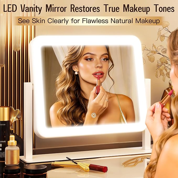 12" x14" Vanity Mirror with Lights,LED Makeup Mirror with Lights, Light up Makeup Mirror with 3 Color Modes, Dimmable＆ Memory Function, Lighted Mirror Makeup for Desk, Travel,White