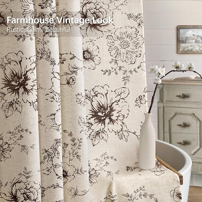Farmhouse Floral Linen Shower Curtain, Vintage Brown Pattern Rustic Shower Curtains for Bathroom, Tan Taupe,72x78