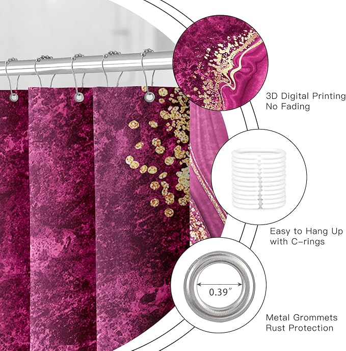4PCS Pink Gold Marble Bathroom Sets with Shower Curtain and Rugs, Hot Pink Shower Curtain Sets with Rugs, Abstract Bathroom Curtains Shower Set with Accessories