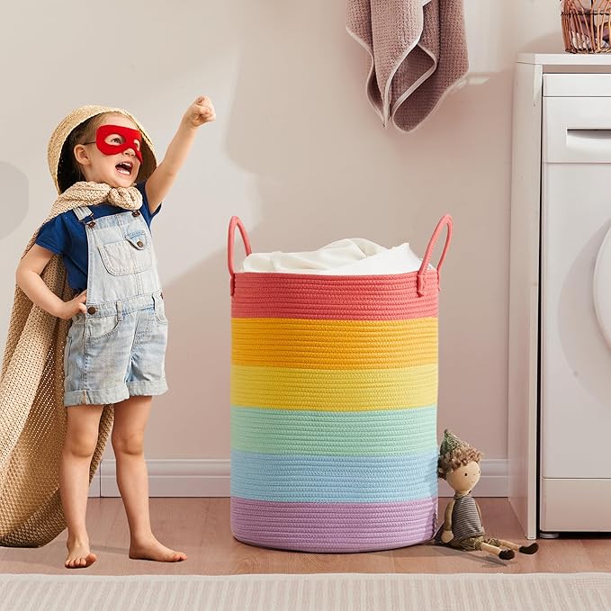 15”Dx20“H Rainbow Baby Girls Kids Hamper Laundry Basket for Nursery Toddler Clothes Blanket Toy Storage Woven Rope Unicorn Hamper in Playroom Bedroom 60L Large