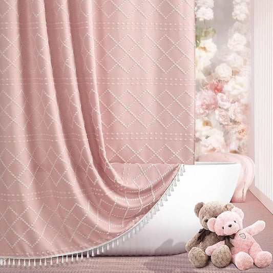 Extra Long Boho Pink Shower Curtain with Tassels 72 x 84, Tufted Chevron Striped Chenille Woven Fabric Cloth Shower Curtain Modern Farmhouse Minimalist, Shabby Chic Textured for Bathroom