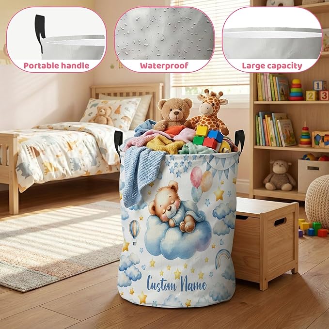 Personalized Bear Laundry Baskets,Custom Bear Gifts for Kids Boys Girls Adults Room,Collapsible Clothes Storage Organizer,16.5 X 13.8in