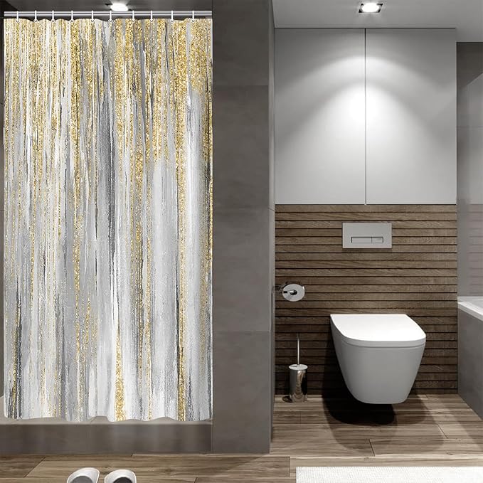 JAWO Abstract Shower Curtain, Modern Aesthetic Stripe Shower Curtain Set 72 X 72 Inches with 12 Hooks for Bathtub Bathroom Gray Purple Contemporary Abstract Painting Fabric