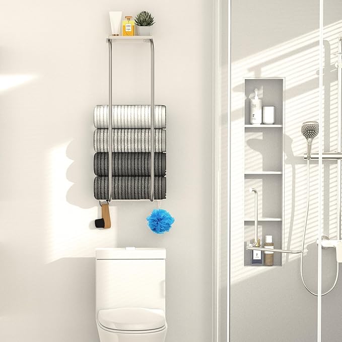 Towel Racks for Bathroom, Curved Bathroom Towel Storage Wall Mounted 30 inch with Shelf Can Holds 6 Large Towels, Wall Towel Rack for Rolled Towels, Brushed Nickel