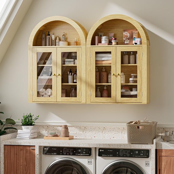 BREEZEHEAT Arched Medicine Cabinet with Glass Doors, Adjustable Shelf, Wall Mounted Bathroom Storage Cabinet Over Toilet, Natural Oak Wood Grain, 23.6''W × 31.5''H