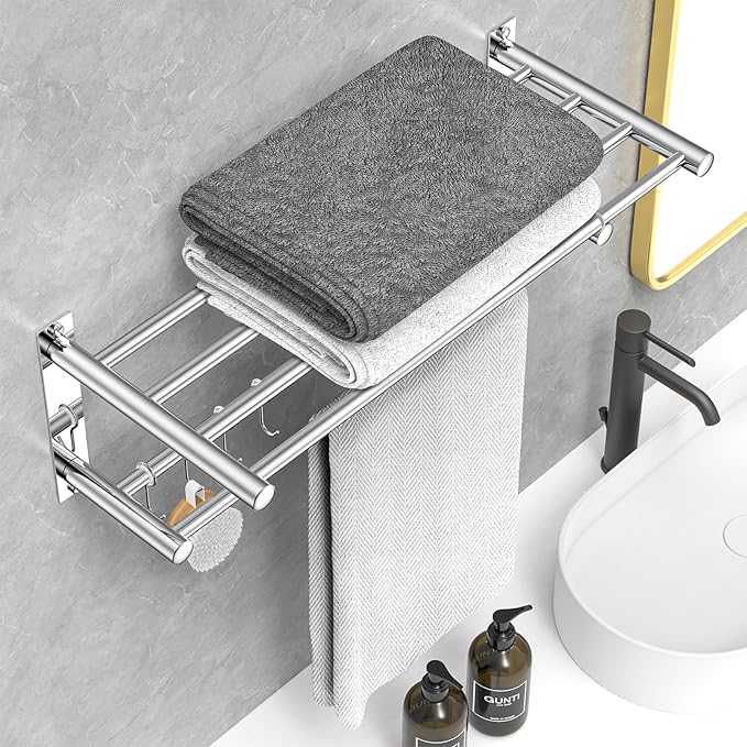 CAXIMSY Adjustable Towel Bar for Bathroom Wall Mount17-30.7inch Adhesive Shower Towel Rack Stainless Steel Bath Towel Holders for Toilet Kitchen Double Towel Hanger (Mobile Hook Towel Rack)