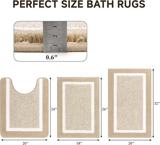Pauwer Bathroom Rugs Sets 3 Piece Bathroom Shower Rugs with U-Shaped Contour Toilet Mat Absorbent Microfiber Plush Bath Mats Non Slip Bath Rugs Machine Washable Shaggy Bath Floor Mats