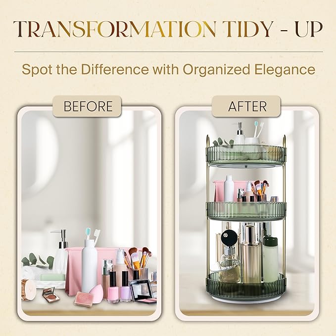 360-Degree Rotating Makeup Organizer, Cosmetic Storage Display Case for Bathroom Vanity Countertop, Skincare and Perfume Storage Organizers, Jewelry Dresser Organizer, 3-Tier, Green