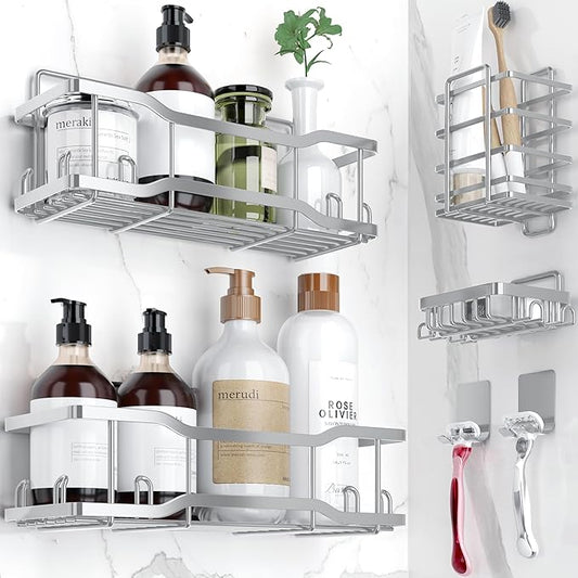 Shower Caddy Bathroom Shelves, The Athena Silken 4 Set, 40LB Capacity, Adhesive Tape No Drill - Rustproof -Gorgeous Powder Coated 304 Stainless Steel Shower Organizer for kitchen & Home Decor - Silver