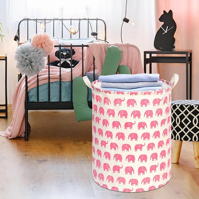 KUNRO Round Laundry Gift Basket Storage Hamper, Clothes Storage Organizer Bins, Shelf Basket with Handles for Room Decor (Pink Elephant)