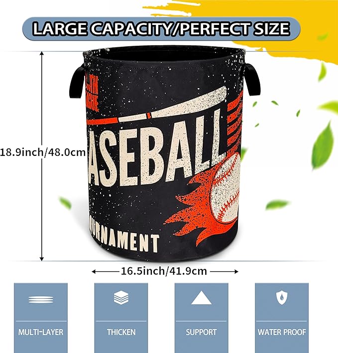 NUTAINLA Baseball Laundry Basket Foldable Oxford Cloth Funny Tote Bag Laundry Hamper Clothes Storage Bucket Toy Organizer For Bathroom/Laundry Storage/Bedroom 18.9x16.5 Inch