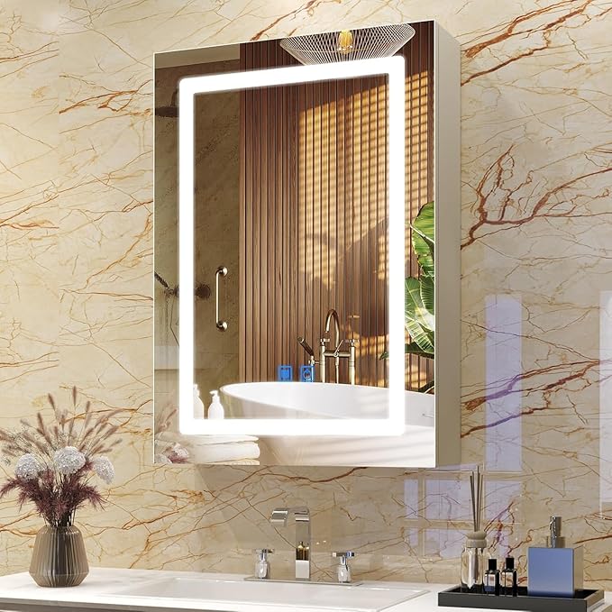 20" x 28" Bathroom Medicine Cabinet with Mirror,Medicine Cabinets with Large Storage,Single Door LED Bathroom Wall Cabinet with Shelves,Dimmer and Anti-Fog