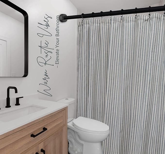 Farmhouse Striped Shower Curtain - 72x84 Inches, Linen Blend Fabric, Breathable & Machine Washable, Rustic Dusty Blue for Bathroom Decor (Hooks/Liner Not Included)