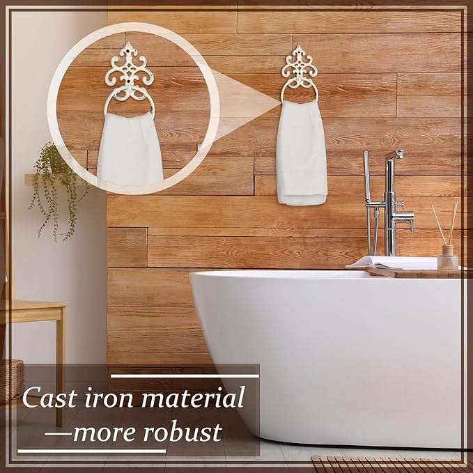 1 Pcs White Vintage Cast Iron Solid Towel Ring Fleur De Lis Design Antique Towel Holder for Bathroom Kitchen Accessories Wall Mounted Christmas Party Gifts