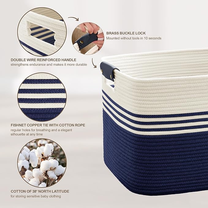 100L Extra Large Laundry Basket with Leather Handles for Living Room Storage, Woven Rope Baskets for Blanket, Kids Toy, Gifts, Wicker Hamper for Bedroom Dirty Clothes, 24"x16"x16" White Navy