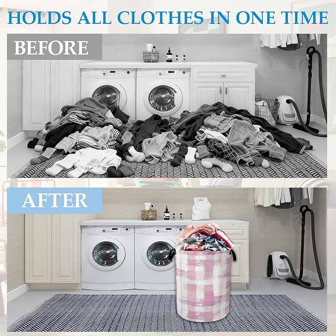 Pink Plaid Laundry Basket Collapsible Laundry Hamper with Handle, Oxford Clothes Toy Storage Bin for Bathroom Bedroom Room Decor, Gift Basket 16" X 20.8"