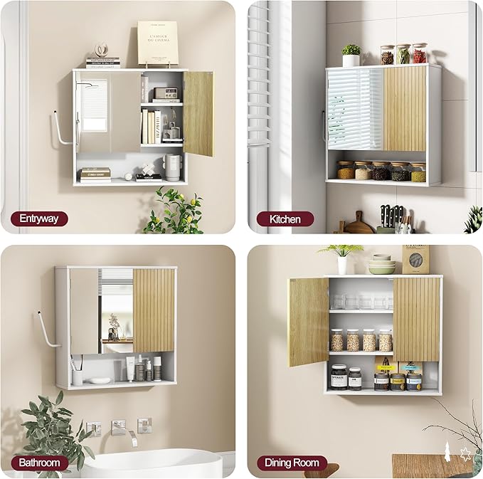Bathroom Wall Cabinet With Mirror,wall mounted bathroom cabinet,Medicine Cabinet with 2 Door ,Side Hook,Light and Adjustable Shelves,White Cabinet with Wood Grain,Over The Toilet Space Saver Cabinet.
